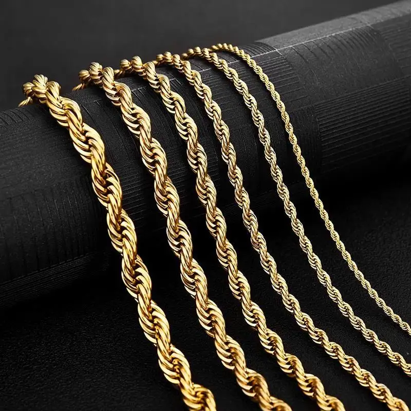 Custom Fashion 18 Karat vergoldete Seil kette 2mm 3mm 4mm 5mm Herren Halsketten Damen Ketten Edelstahl Halskette