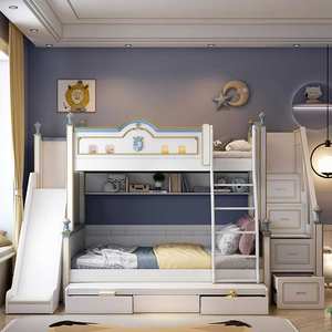 Lit d'enfant princesse en bois blanc moderne pour maison lit en bois luxueux double pour filles lit superposé avec toboggan et escaliers - Product Image 1