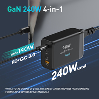 GaN-adaptador de corriente para viaje de fábrica, cargador de teléfono móvil con 4 puertos tipo C, PD3.1, QC3.0, para ordenador portátil, 240W