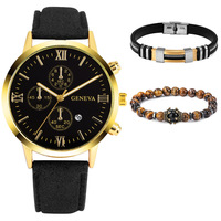 Reloj de Pulsera de Cuarzo de Lujo para Hombre, Deportivo, Casual, 3 Piezas/Set, con Brazalete, Joyería de Moda para Negocios, Regalo, Caja de Aleación, Correa de Cuero y Cristal