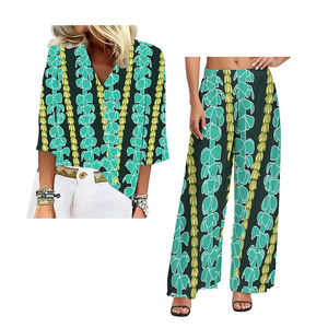 Factory <span class=keywords><strong>Outlet</strong></span> Polynesian Samoan Tribal Style Elei Printing Camiseta de manga de 7 puntos con cuello en V para <span class=keywords><strong>mujer</strong></span> y pantalones de pierna ancha de gran tamaño - Product Image 6