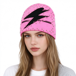 Bonnet tricoté rose clouté pour femme, motif éclair Y2K, chaud pour l'hiver, style décontracté, streetwear, casquette ajustée - Product Image 1