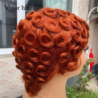 Wig Keriting Tanpa Lem Grosir dengan Poni, Rambut Manusia Gelombang Keriting Virgin Brasil, Wig Pixie Cut Tanpa Lace untuk Wanita
