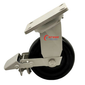 Roulettes industrielles pivotantes ultra-résistantes en nylon noir de 6 pouces avec freins, en acier, avec protections filetées, finition électrophoretique - Product Image 1