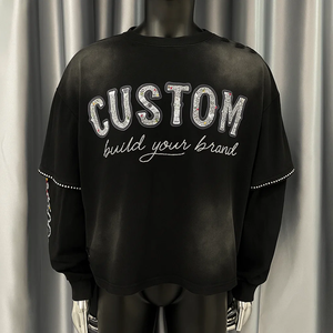 Benutzer definierte Streetwear DTG Druck T-<span class=keywords><strong>Shirt</strong></span> Sun Faded Acid Washed Strass Boxy GEM Stein Distressed Double Layer Langarm T-<span class=keywords><strong>Shirt</strong></span> - Product Image 2