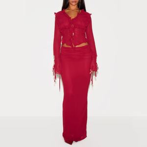 ชุดเดรสผู้หญิงแบบใหม่สไตล์คัสตอม ชุดเซ็ตกระโปรงยาวทรงเข้ารูป แขนยาว แต่งระบาย พร้อมกระโปรงแม็กซี่ ชุดคลุมชายหาด ชุดสองชิ้นทรงเข้ารูป - Product Image 1