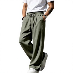 <b>Men's</b> Olive Green Wide Leg Pants <b>Elastic</b> <b>Waist</b> Drawstring Casual Loose Breathable Lightweight Summer <b>Trousers</b> - Product Image 1