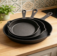 Ensemble d'ustensiles de cuisine, poêle à frire en fonte à fond plat avec revêtement en huile végétale, poignée longue, capacité 1-2L, compatible gaz et induction