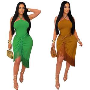 Abito da Donna con Lacci al Collo e Nappine sul Retro, Vestito Midi da Spiaggia Senza Schienale, Taglie dalla S alla 2XL - Product Image 1