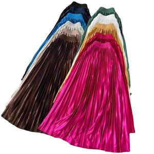 Falda Midi de Satén con Corte en A para Mujer, Cintura Alta Elástica con Perlas, Diseño Plisado Brillante y Elegante para Primavera - Product Image 1