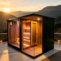 Cabine de bien-être extérieure avec sauna et douche, cadre noir, parois vitrées, pour usage en bord de piscine, resort ou villa