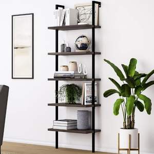 Libreria a Parete Moderna Nordica a 5 Ripiani in Legno e Metallo, Scaffale Galleggiante a Scala - Product Image 3