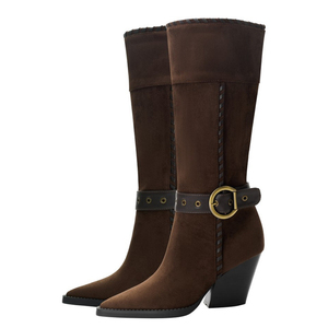 Big Size 46 High Wedge Heels Pointed Toe Shoes Metal Belt Buckles Suede Cowboy <b>Boots</b> Women's Flock Knee High Wide Fit Booties - Product Image 6