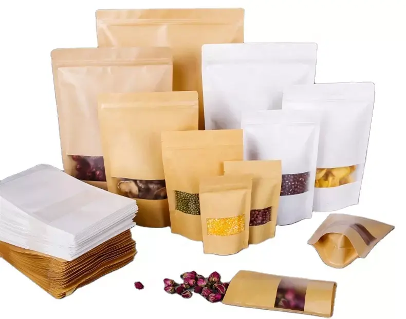 Простые одноразовые биоразлагаемые пакеты для сухих продуктов с принтом на заказ, стоячие пакеты с застежкой-молнией, пакет из крафт-бумаги с прозрачным окошком