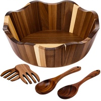 Ensemble de bols à salade en bois de 12 pouces, forme irrégulière ondulée, bois d'acacia, 2 fourchettes et cuillères pour salade de fruits et céréales, usage domestique