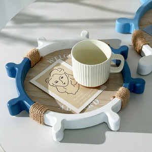 Mediterranean Style Wooden Ship Wheel Tray Round <b>Pine</b> Storage <b>Table</b> Top Decor For Fruit Tea Cups Minimalist Ocean Theme - Product Image 2