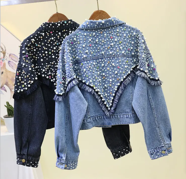 Hele Koop Luxe Vrouw Jean Jas Denim Parel Kralen Diamant Lange Mouwen Jas Dames Denim Jas Vrouwen