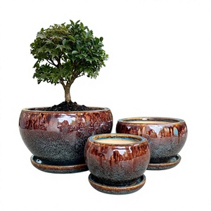 Ensemble de pots de fleurs en céramique émaillée, style moderne, pour l'intérieur et l'extérieur, avec soucoupes et trous de drainage, pour la décoration de la maison et du jardin - Product Image 1