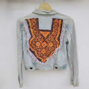 Vintage Embroidered Boho Fringe <b>Lightweight</b> Thin Washed <b>Denim</b> Bomber <b>Jacket</b> with Stand Collar for Hiking - Product Image 1