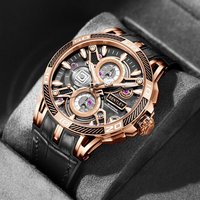 OUROBOROS Montre pour homme en acier inoxydable avec cristal minéral en or rose noir profond, bracelet en caoutchouc et cuir, boîtier à bord doré 45 mm 5