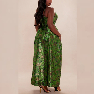<span class=keywords><strong>Robe</strong></span> longue élégante en jacquard floral vert avec bretelles spaghetti et détails plissés, <span class=keywords><strong>robe</strong></span> de soirée formelle personnalisable - Product Image 6