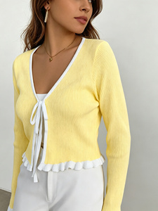 <span class=keywords><strong>Cardigan</strong></span> <span class=keywords><strong>Giallo</strong></span> Popolare con Laccetti Frontali, Stile Vintage, Antirughe, per Autunno, Feste e Occasioni Casual, con Bordo a Balze, Morbido e Caldo, in Maglia - Product Image 4