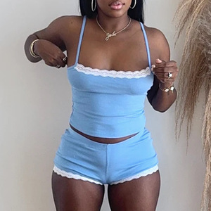 Sexy Casual Camisole <b>Shorts</b> Lace Patchwork Two-piece Set for Women Fashion - Product Image 1