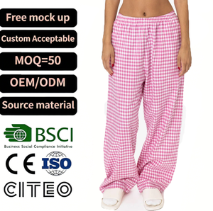 <strong>Women</strong> Pink Gingham Wide Leg Pants Elastic Waist Casual Lounge <strong>Trousers</strong> Retro Checkered Loose Fit Home Wear Fashion - Product Image 1