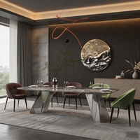 Ensemble de table à manger rectangulaire de luxe en marbre, 10 places, pieds en acier inoxydable bronze brossé doré, base en cristal artistique, table de banquet moderne