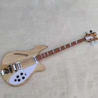 Guitare basse électrique couleur bois naturel avec 4 cordes, corps semi-creux en tilleul, micros H-H, touche en palissandre