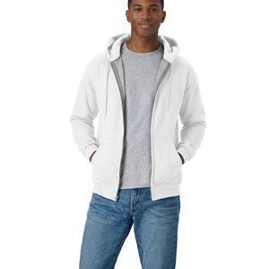 Sweat-shirt à capuche unisexe à fermeture éclair intégrale en polaire blanc avec cordon de serrage, poches kangourou, manches longues, automne, 100% coton - Product Image 1