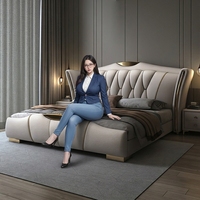 Lit de Luxe en Cuir Véritable Rembourré, Design Postmoderne, Grand Format, Cadre en Chêne, Grand Espace de Rangement, Assemblé, Élégant pour Mariage