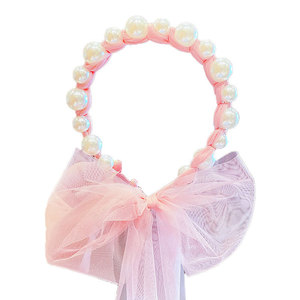 Fasce per capelli con nastro di perle carine per bambini principessa Tulle coda di cavallo da ragazza - Product Image 6