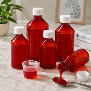 Bouteilles de sirop en PET transparentes de 6 oz, 8 oz, 12 oz, bouteilles de médicaments liquides en plastique incassables avec bouchons à vis gradués pour usage oral - Product Image 1