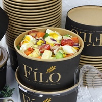 Bol Déjeuner Salade Rond en Papier Kraft Jetable Micro-ondable Imprimé Noir avec Film CPET pour Plats à Emporter, Vente en Gros, 1100 ml
