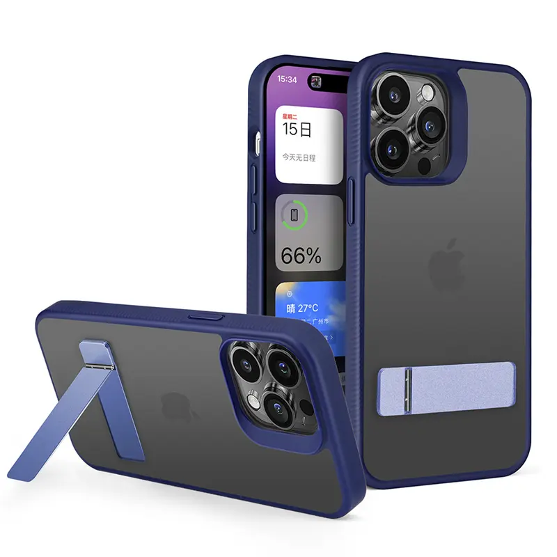Alta qualidade Metal Stand TPU PC para iPhone 15 14 Case com acabamento emborrachado para iPhone 14 15 Pro Max
