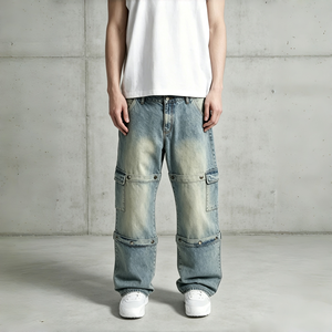 Vintage Washed Pale Blue Multi Cargo Pocket Wide Leg Denim <b>Trousers</b> with Rivet Decorations for Street <b>Skateboarding</b> Daily Casual - Product Image 1