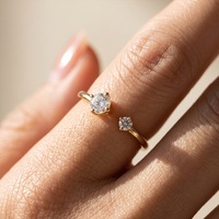 Bague ouverte ajustable LZR49 minimaliste en argent sterling 925 plaqué or avec deux pierres en zircon cubique pour femme