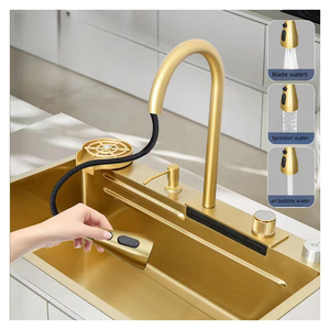 Évier de cuisine en cascade intelligent en <span class=keywords><strong>or</strong></span> fait à la main, acier inoxydable 304 SUS, bol rectangulaire unique avec robinet extractible à 3 vitesses, montage en surface - Product Image 1