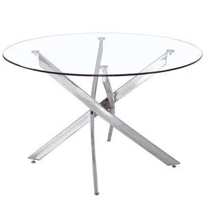 Silver Modern Round Transparent Tempered Glass Painted Legs Dining Table