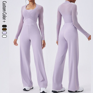 Ensemble 2 pièces pour femmes de grande taille, top court à épaules droites, pantalon évasé à taille moyenne, vêtements d'entraînement, ensembles de gym, costume de <span class=keywords><strong>yoga</strong></span> pour femmes - Product Image 2