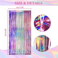 Lot de 2 rideaux à franges holographiques laser 1x2m, 3 couleurs, toile de fond métallique en guirlandes pour décoration de fête, personnalisable
