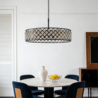 Luminaire suspendu rond en cristal à 8 lumières avec cadre en métal noir pour salle à manger, îlot de cuisine