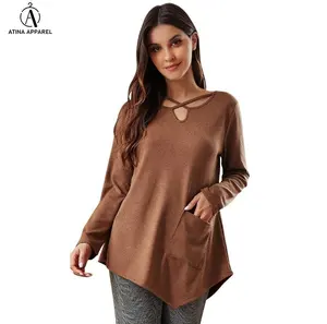 New Fashionable Plus Size Women's Clothes Solid Fleece Top Criss-Cross Neck Swing Blouse Women Front Pocket Tunic