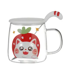 New product interesting and cute high borosilicate glass coffee cup with ceramic lid stainless steel spoon