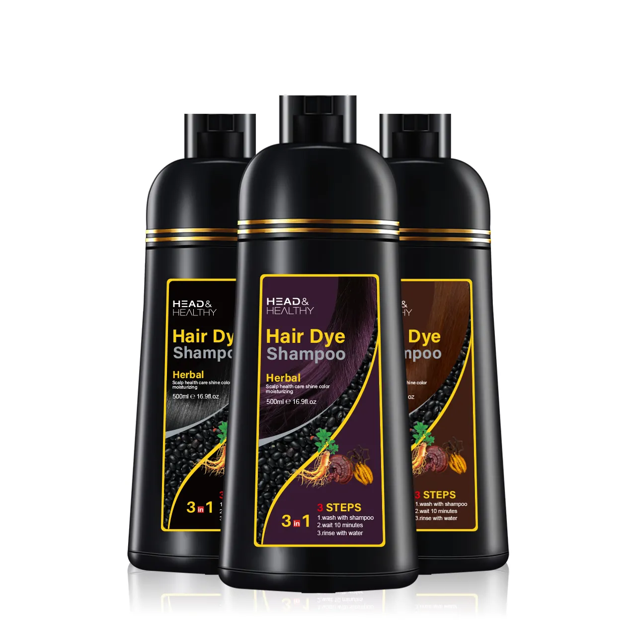 SHIHUANUO Fábrica de venda por atacado de shampoo de cor de cabelo 3 em 1 de ervas sem amônia argan, tintura de cabelo preta rápida
