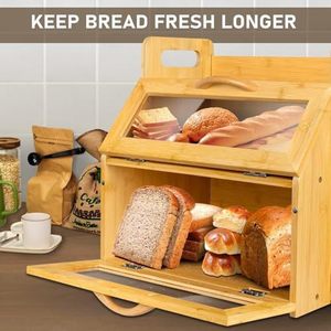 Boîte à pain en bambou avec couvercle en verre, grande capacité de rangement pour le pain et les collations, en bois massif - Product Image 4