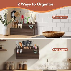 Wooden Cutlery <b>Storage</b> <b>Box</b> With Compartments For <b>Kitchen</b> utensils Organizer Standing Type Rectangular Solid Color - Product Image 2