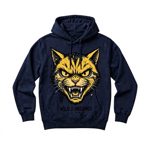 Sweat à capuche bleu marine pour homme avec imprimé chat sauvage jaune, poche avant, coupe décontractée, molleton de coton respirant 360g, idéal pour l'hiver - Product Image 1