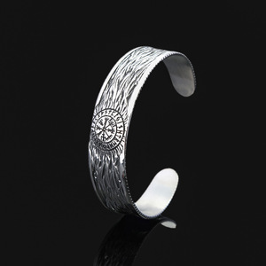 yunnique Nordic <b>Viking</b> Stainless Steel <b>Bracelet</b> Antique Silver Men's Open Cuff Snowflake Design Vintage Distressed Rune Pattern - Product Image 1